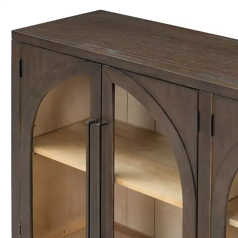 Credenza a 4 ante in stile retrò con vetro ad arco e ripiani regolabili