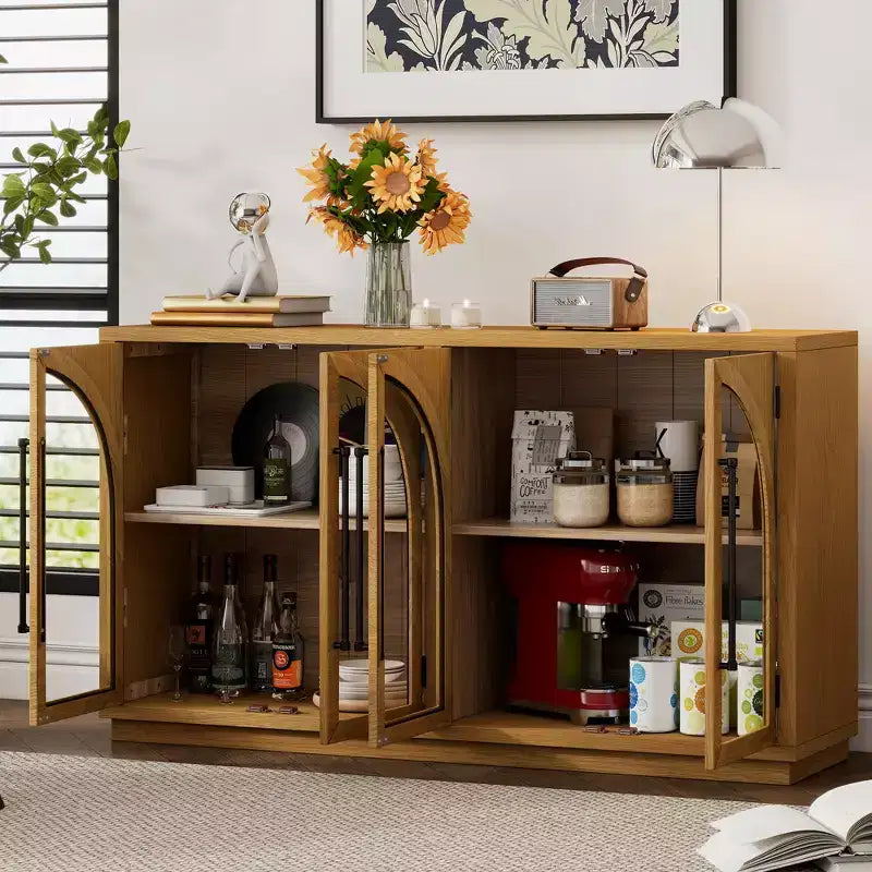 Credenza a 4 ante in stile retrò con vetro ad arco e ripiani regolabili