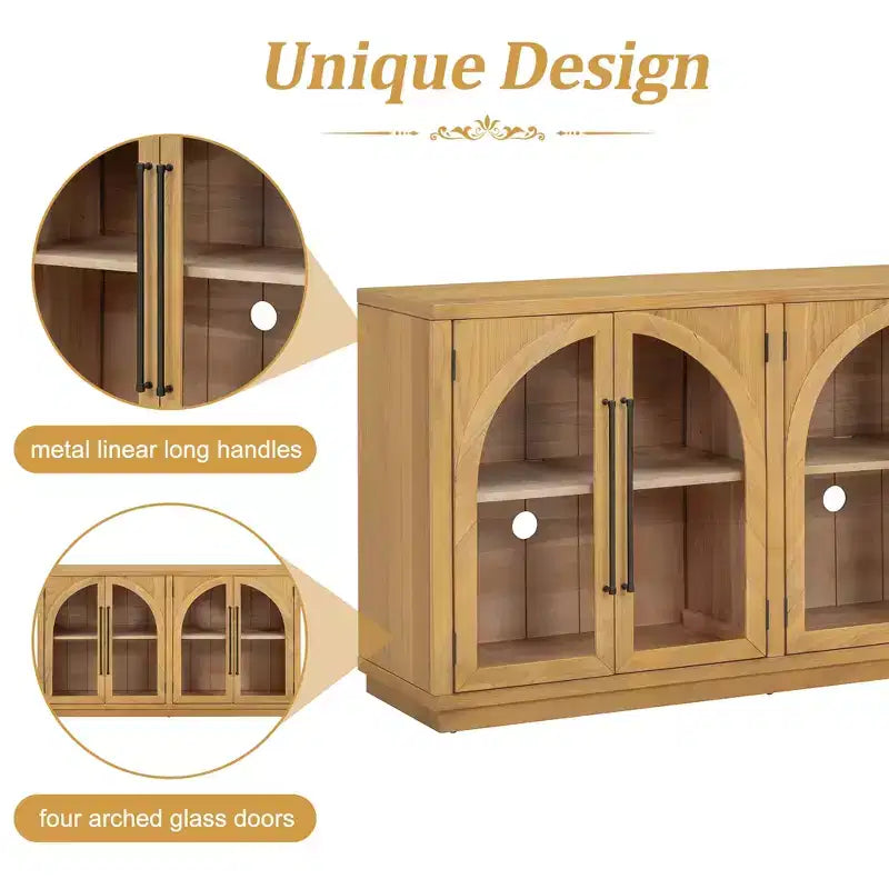 Credenza a 4 ante in stile retrò con vetro ad arco e ripiani regolabili