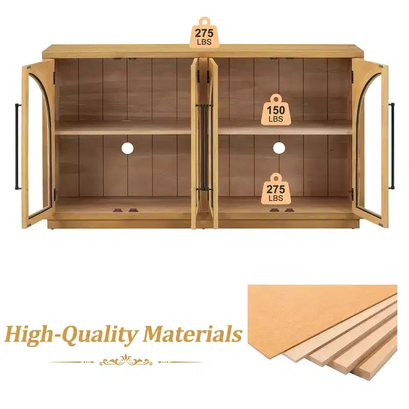 Credenza a 4 ante in stile retrò con vetro ad arco e ripiani regolabili