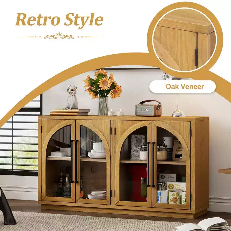 Credenza a 4 ante in stile retrò con vetro ad arco e ripiani regolabili