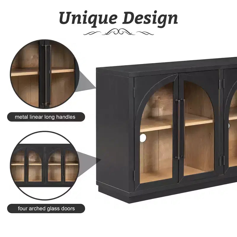 Credenza a 4 ante in stile retrò con vetro ad arco e ripiani regolabili