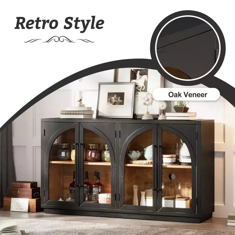 Credenza a 4 ante in stile retrò con vetro ad arco e ripiani regolabili