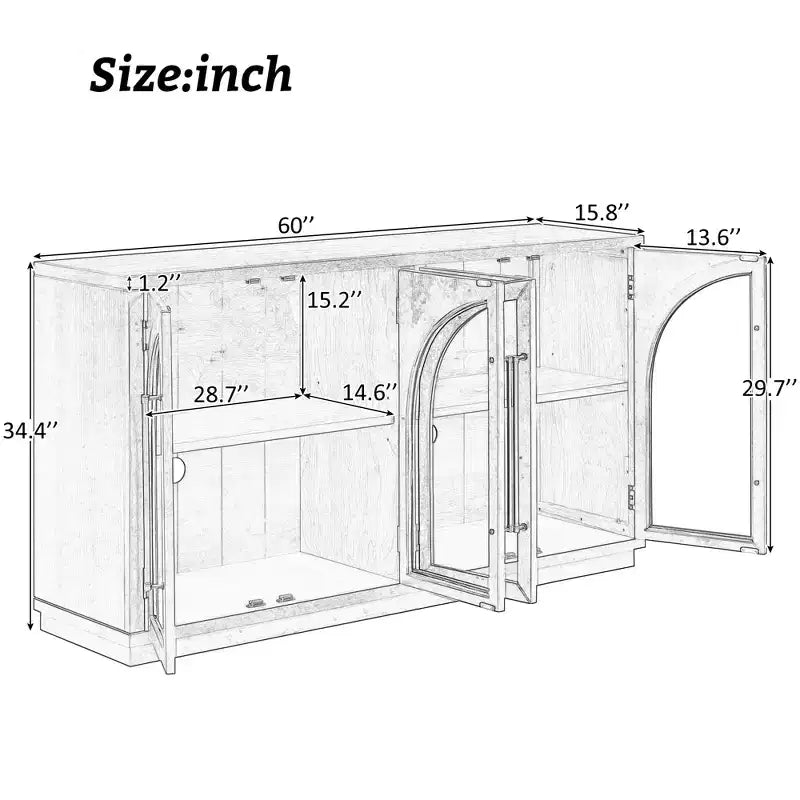 Credenza a 4 ante in stile retrò con vetro ad arco e ripiani regolabili