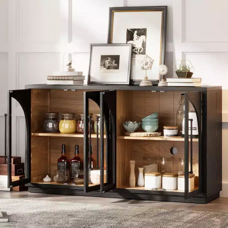 Merax 4-Door Retro Style Arched Glass Storage Buffet Cabinet with Adjustable Shelves