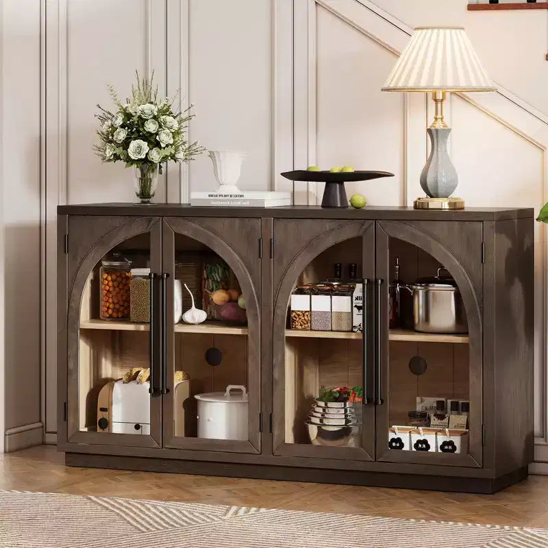 Credenza a 4 ante in stile retrò con vetro ad arco e ripiani regolabili