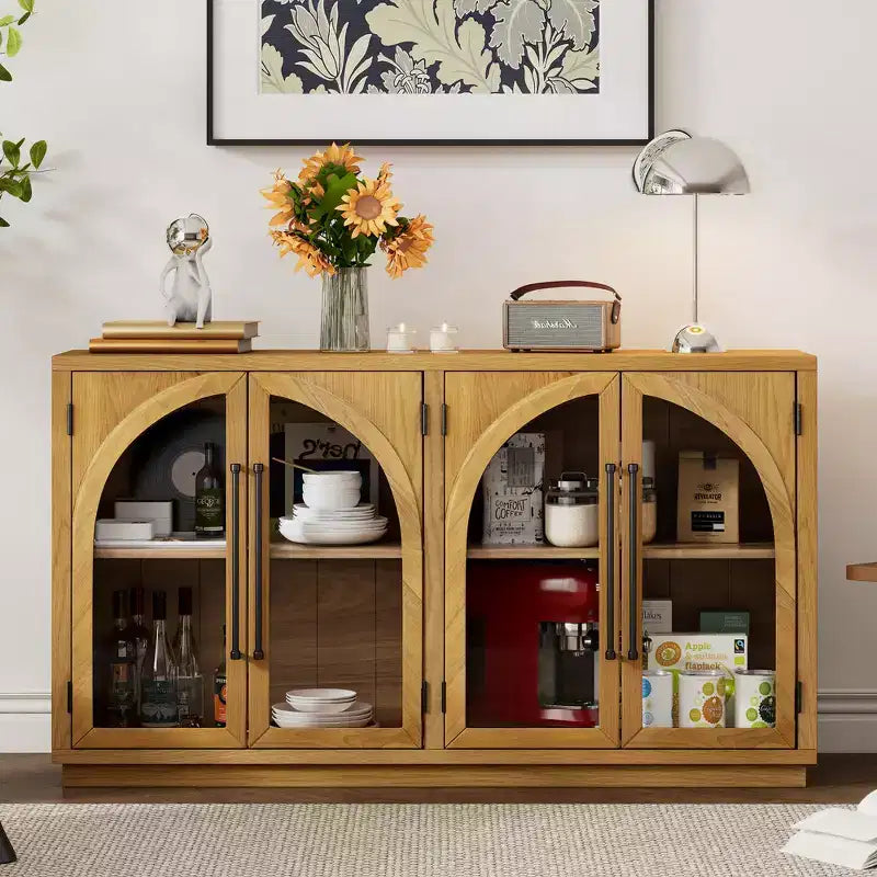 Credenza a 4 ante in stile retrò con vetro ad arco e ripiani regolabili