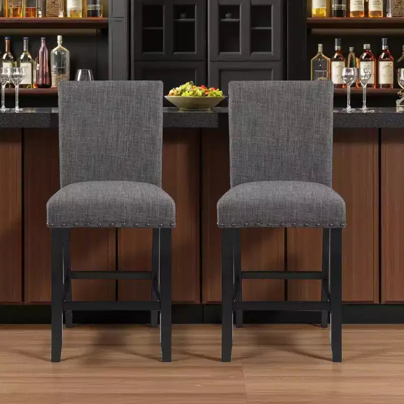 Set di Due Sedie da Bar Altezza Bancone da 66 cm Grigie e Nere in Legno e Tessuto