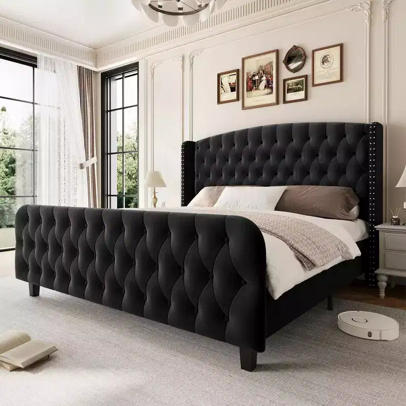 Bed Frame with Deep Button Tufted Wingback Headboard and Footboard, Velvet Upholstered Platform Frame, No Box Spring, Easy Assembly