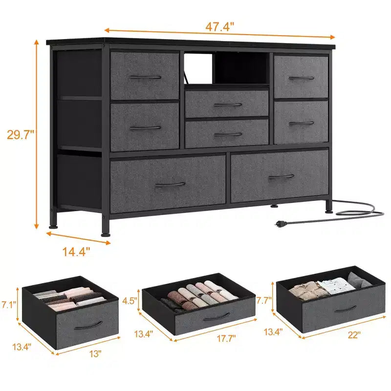 Mobile TV con prese di corrente e luci a LED per TV da 55'', centro di intrattenimento a 8 cassetti, cassettiera in tessuto con piano in legno, nero