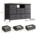 Mobile TV con prese di corrente e luci a LED per TV da 55'', centro di intrattenimento a 8 cassetti, cassettiera in tessuto con piano in legno, nero