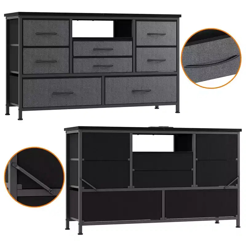 Mobile TV con prese di corrente e luci a LED per TV da 55'', centro di intrattenimento a 8 cassetti, cassettiera in tessuto con piano in legno, nero
