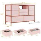 Mobile TV con prese di corrente e luci a LED per TV da 55'', centro di intrattenimento a 8 cassetti, cassettiera in tessuto con piano in legno, nero