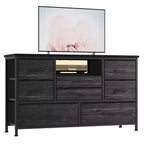 Mobile TV con prese di corrente e luci a LED per TV da 55'', centro di intrattenimento a 8 cassetti, cassettiera in tessuto con piano in legno, nero