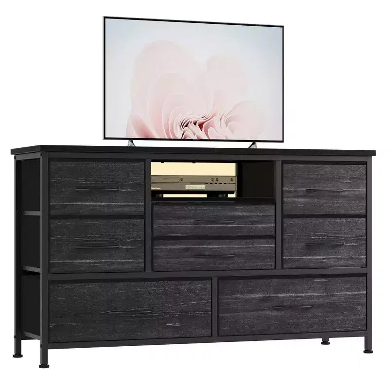 Mobile TV con prese di corrente e luci a LED per TV da 55'', centro di intrattenimento a 8 cassetti, cassettiera in tessuto con piano in legno, nero