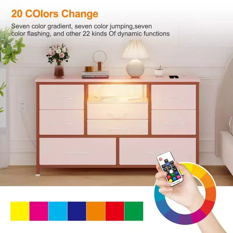 Mobile TV con prese di corrente e luci a LED per TV da 55'', centro di intrattenimento a 8 cassetti, cassettiera in tessuto con piano in legno, nero