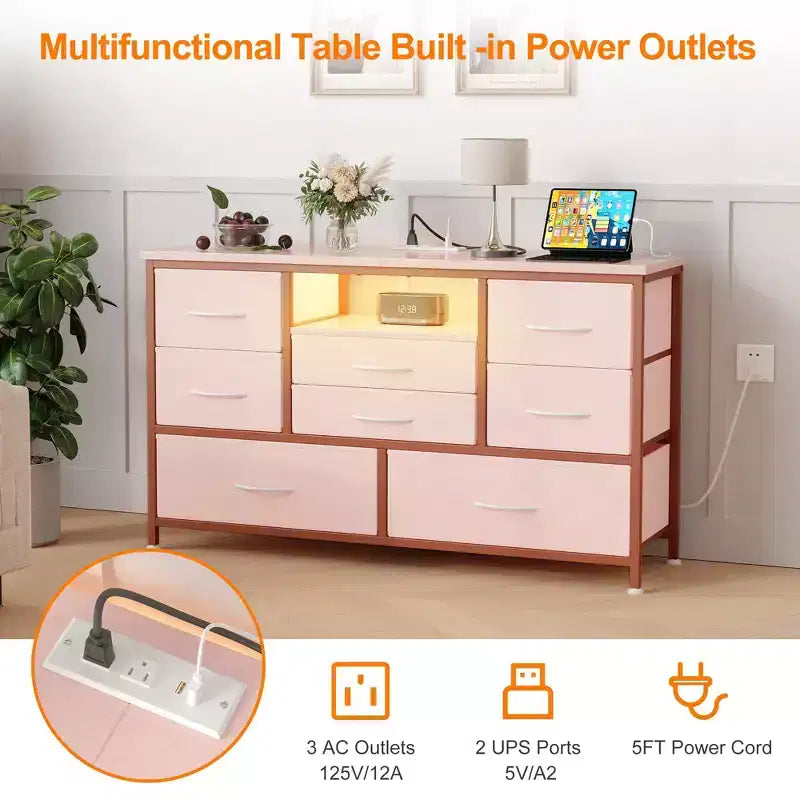 Mobile TV con prese di corrente e luci a LED per TV da 55'', centro di intrattenimento a 8 cassetti, cassettiera in tessuto con piano in legno, nero