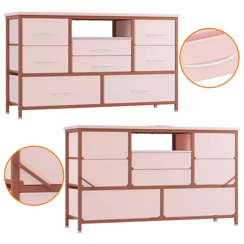 Mobile TV con prese di corrente e luci a LED per TV da 55'', centro di intrattenimento a 8 cassetti, cassettiera in tessuto con piano in legno, nero