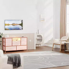 Mobile TV con prese di corrente e luci a LED per TV da 55'', centro di intrattenimento a 8 cassetti, cassettiera in tessuto con piano in legno, nero