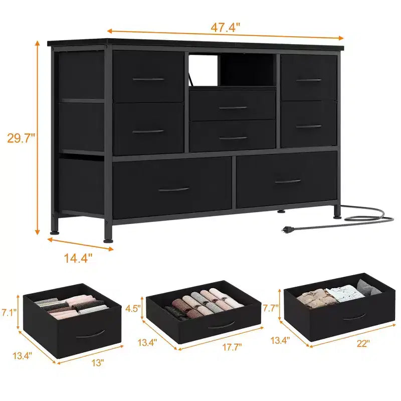 Mobile TV con prese di corrente e luci a LED per TV da 55'', centro di intrattenimento a 8 cassetti, cassettiera in tessuto con piano in legno, nero