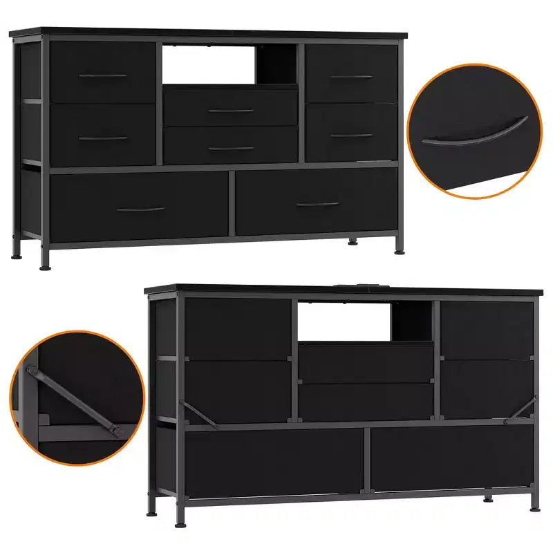 Mobile TV con prese di corrente e luci a LED per TV da 55'', centro di intrattenimento a 8 cassetti, cassettiera in tessuto con piano in legno, nero