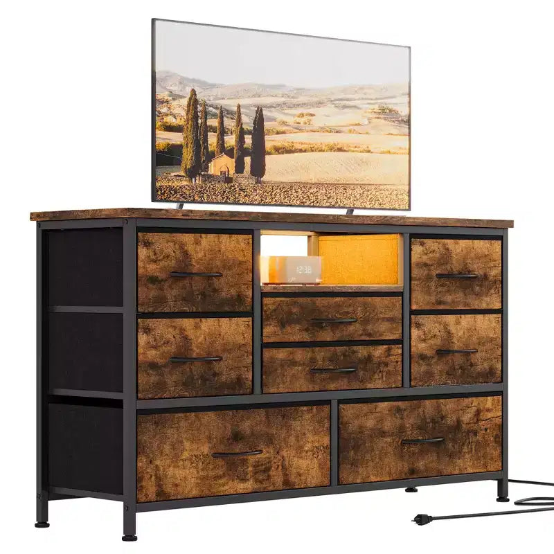 Mobile TV con prese di corrente e luci a LED per TV da 55'', centro di intrattenimento a 8 cassetti, cassettiera in tessuto con piano in legno, nero