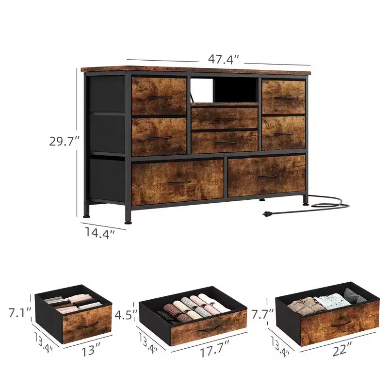 Mobile TV con prese di corrente e luci a LED per TV da 55'', centro di intrattenimento a 8 cassetti, cassettiera in tessuto con piano in legno, nero
