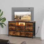 Mobile TV con prese di corrente e luci a LED per TV da 55'', centro di intrattenimento a 8 cassetti, cassettiera in tessuto con piano in legno, nero