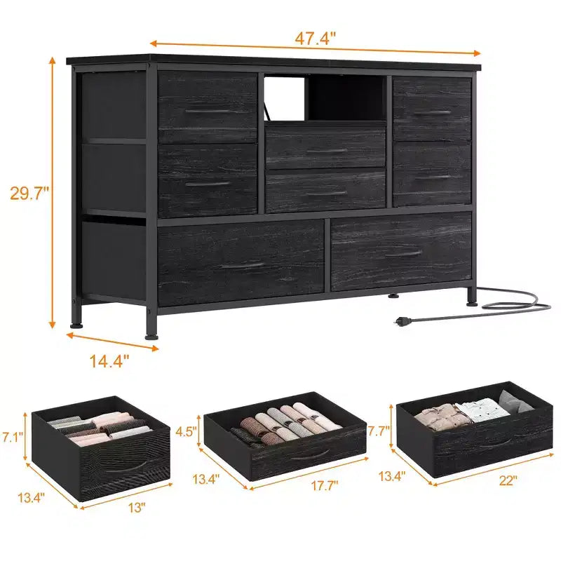 Mobile TV con prese di corrente e luci a LED per TV da 55'', centro di intrattenimento a 8 cassetti, cassettiera in tessuto con piano in legno, nero