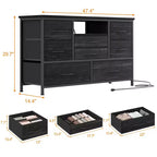 Mobile TV con prese di corrente e luci a LED per TV da 55'', centro di intrattenimento a 8 cassetti, cassettiera in tessuto con piano in legno, nero