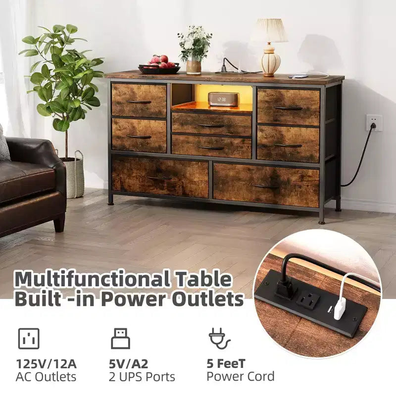 Mobile TV con prese di corrente e luci a LED per TV da 55'', centro di intrattenimento a 8 cassetti, cassettiera in tessuto con piano in legno, nero