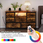 Mobile TV con prese di corrente e luci a LED per TV da 55'', centro di intrattenimento a 8 cassetti, cassettiera in tessuto con piano in legno, nero