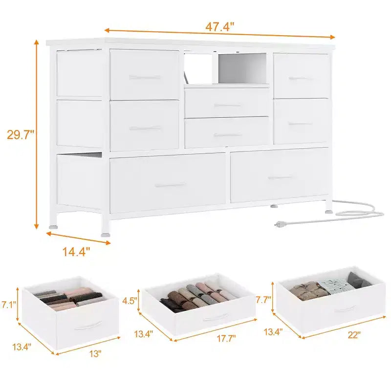 Mobile TV con prese di corrente e luci a LED per TV da 55'', centro di intrattenimento a 8 cassetti, cassettiera in tessuto con piano in legno, nero