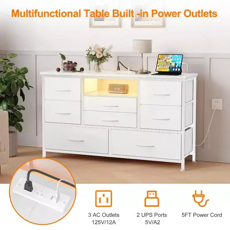 Mobile TV con prese di corrente e luci a LED per TV da 55'', centro di intrattenimento a 8 cassetti, cassettiera in tessuto con piano in legno, nero