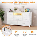 Mobile TV con prese di corrente e luci a LED per TV da 55'', centro di intrattenimento a 8 cassetti, cassettiera in tessuto con piano in legno, nero