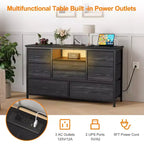 Mobile TV con prese di corrente e luci a LED per TV da 55'', centro di intrattenimento a 8 cassetti, cassettiera in tessuto con piano in legno, nero