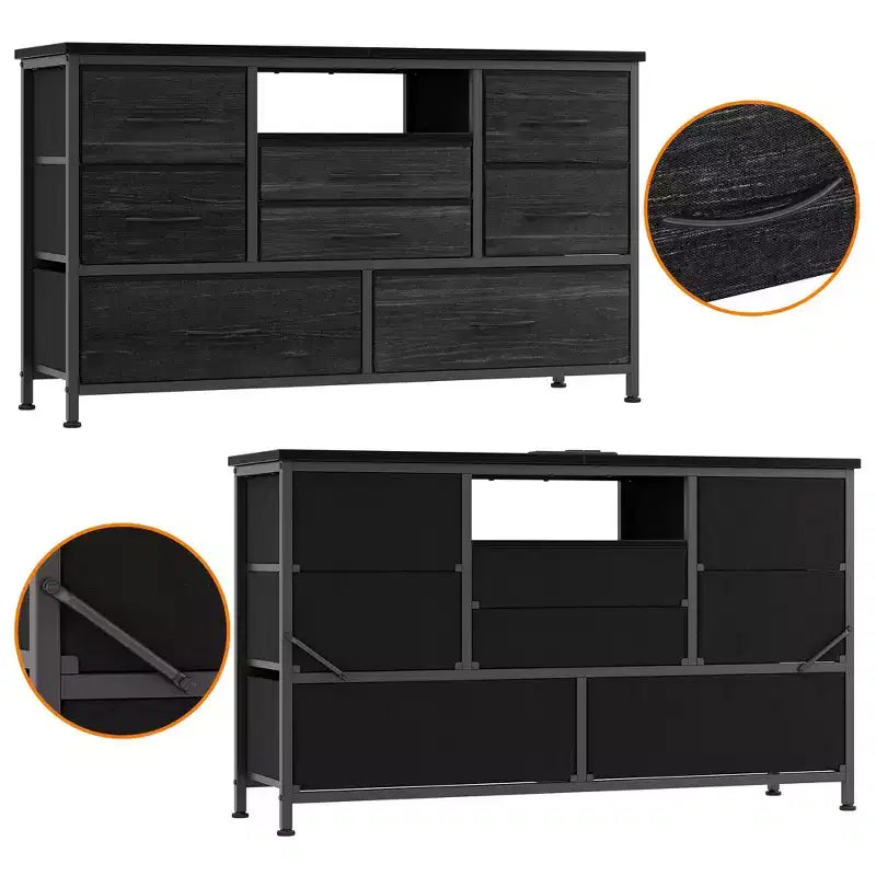 Mobile TV con prese di corrente e luci a LED per TV da 55'', centro di intrattenimento a 8 cassetti, cassettiera in tessuto con piano in legno, nero