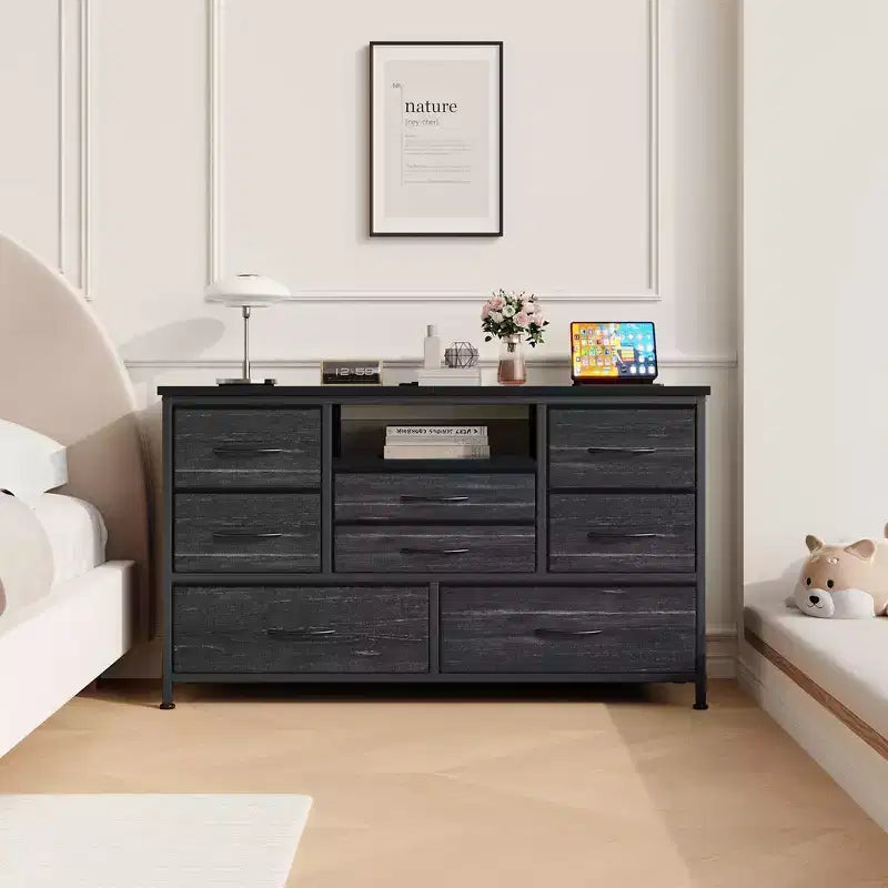 Dresser TV Stand with Power Outlet & LED Lights for 55'' TV8 Drawers Entertainment Center, Fabric Chest of Drawers with Wood Top, Black