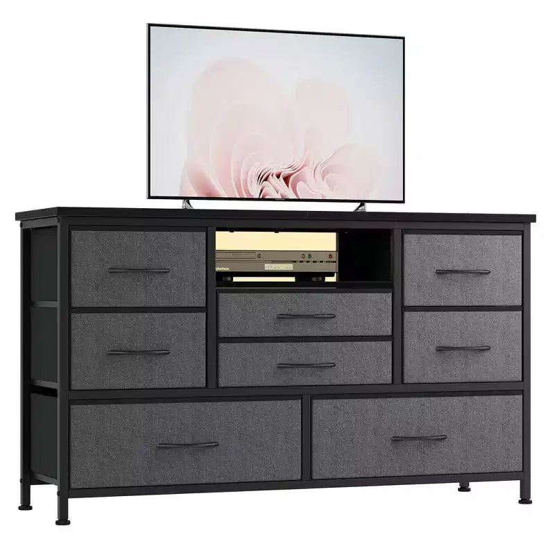 Mobile TV con prese di corrente e luci a LED per TV da 55'', centro di intrattenimento a 8 cassetti, cassettiera in tessuto con piano in legno, nero