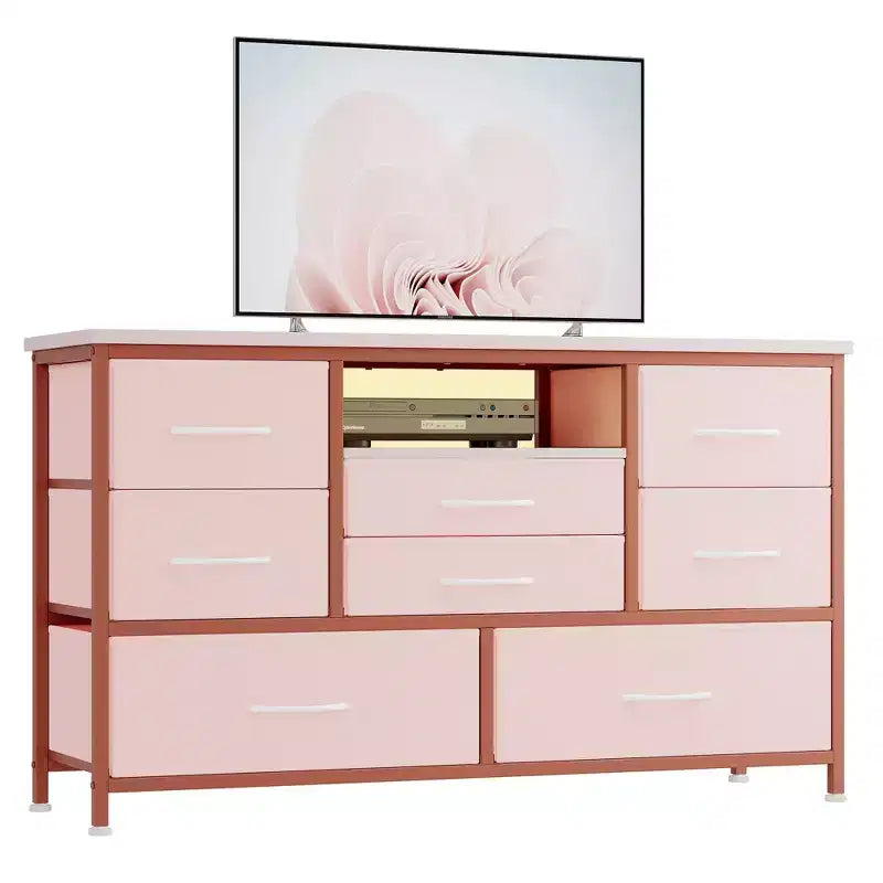 Mobile TV con prese di corrente e luci a LED per TV da 55'', centro di intrattenimento a 8 cassetti, cassettiera in tessuto con piano in legno, nero