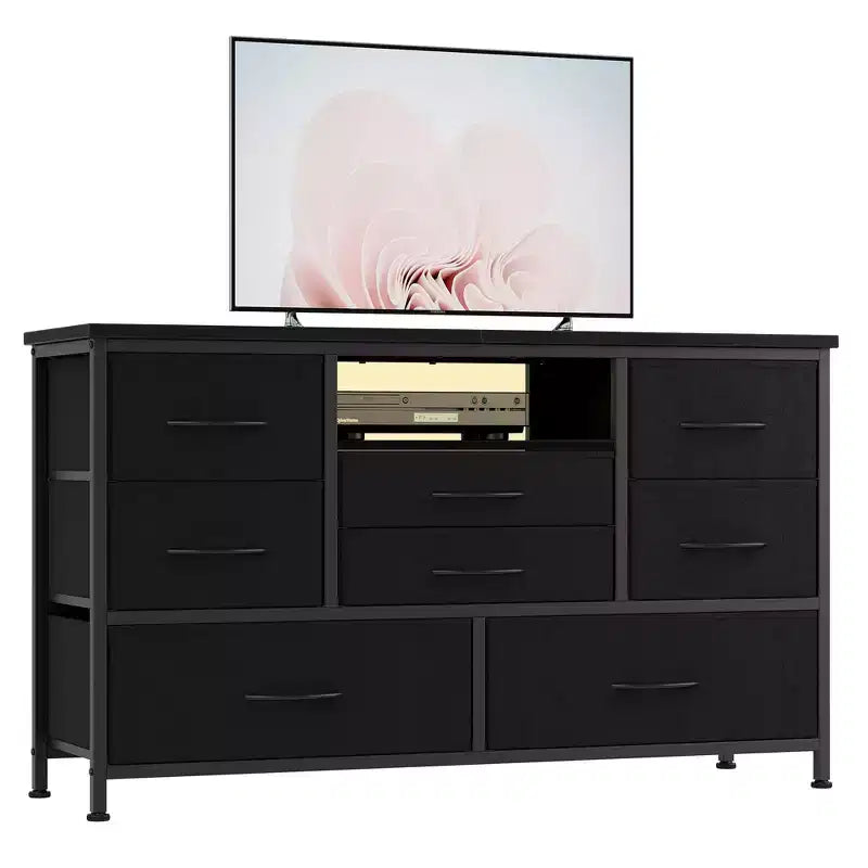 Mobile TV con prese di corrente e luci a LED per TV da 55'', centro di intrattenimento a 8 cassetti, cassettiera in tessuto con piano in legno, nero
