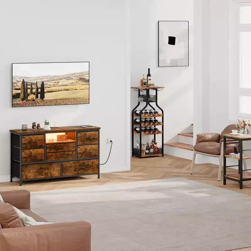Mobile TV con prese di corrente e luci a LED per TV da 55'', centro di intrattenimento a 8 cassetti, cassettiera in tessuto con piano in legno, nero
