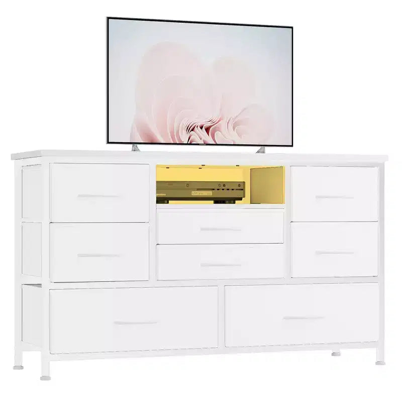 Mobile TV con prese di corrente e luci a LED per TV da 55'', centro di intrattenimento a 8 cassetti, cassettiera in tessuto con piano in legno, nero