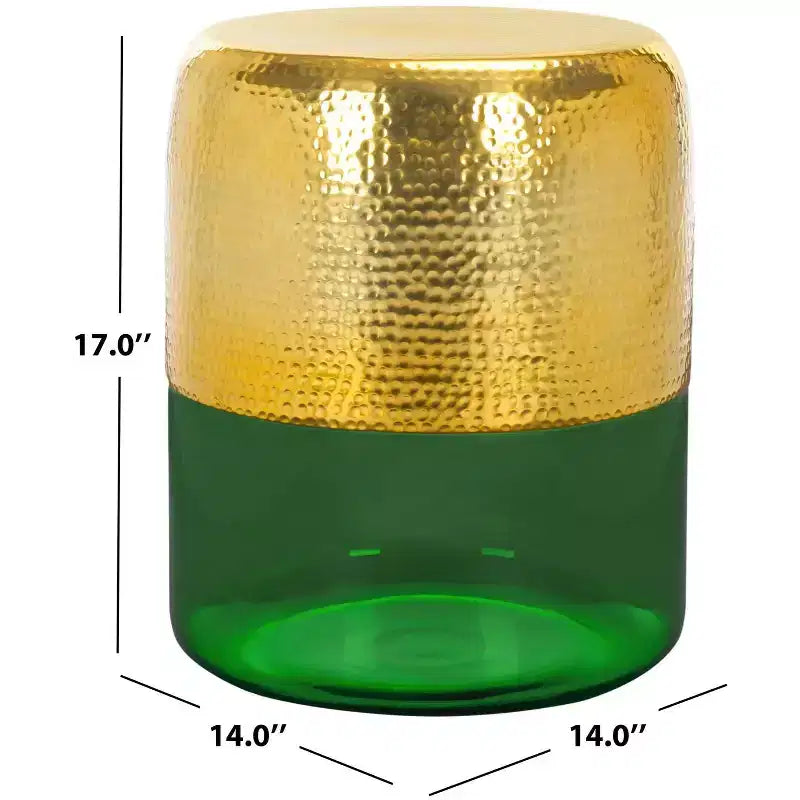 Tavolino rotondo d'appoggio, piano martellato color oro champagne con base in vetro verde
