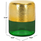 Tavolino rotondo d'appoggio, piano martellato color oro champagne con base in vetro verde