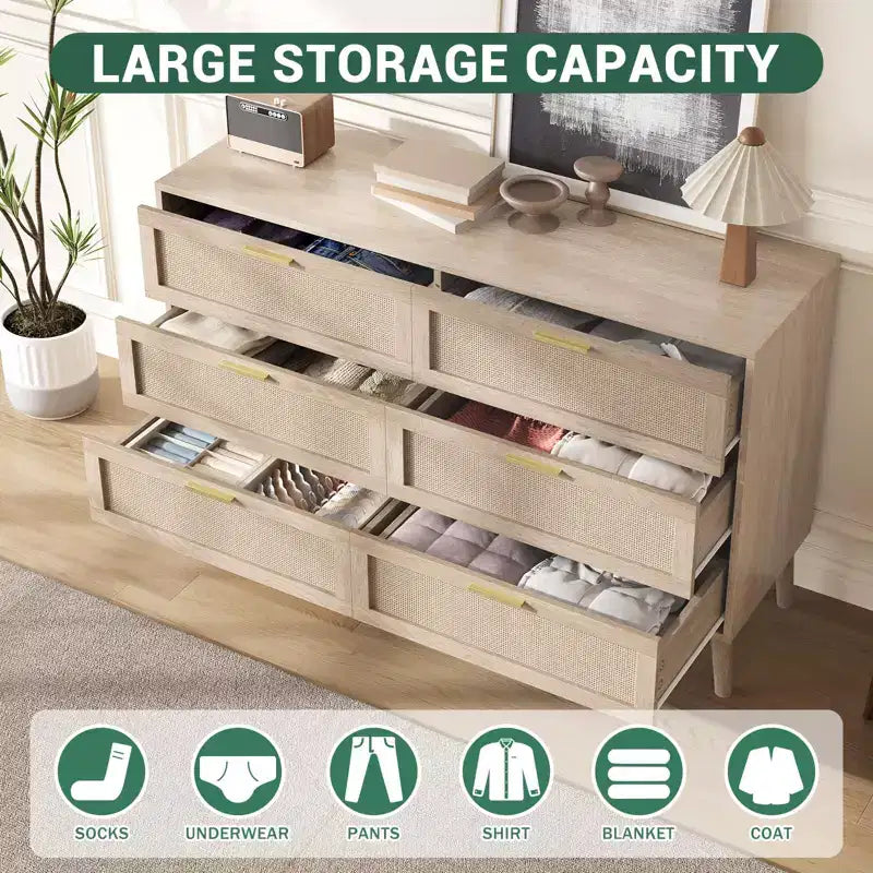 Cassettiera in rattan a 8 cassetti, cassettiera moderna di metà secolo per armadio con maniglie, ripiano superiore grande