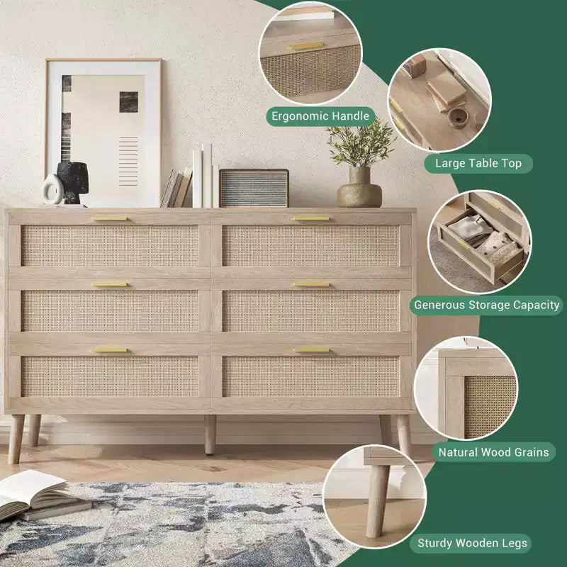 Cassettiera in rattan a 8 cassetti, cassettiera moderna di metà secolo per armadio con maniglie, ripiano superiore grande