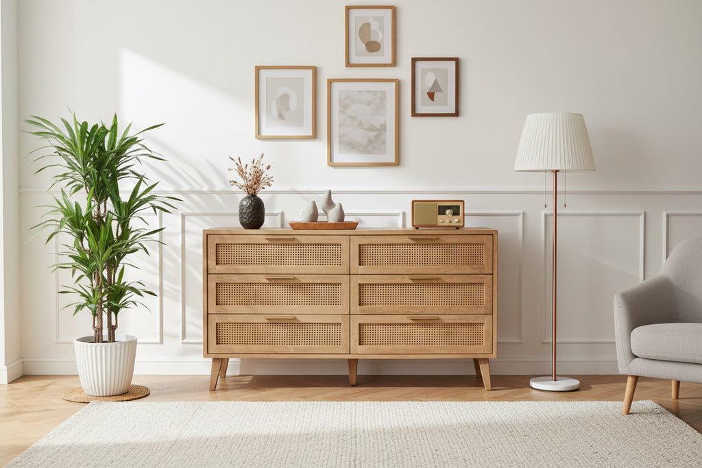 Cassettiera in rattan a 8 cassetti, cassettiera moderna di metà secolo per armadio con maniglie, ripiano superiore grande