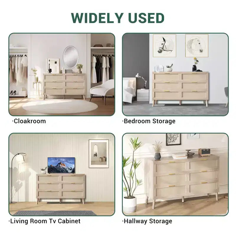 Cassettiera in rattan a 8 cassetti, cassettiera moderna di metà secolo per armadio con maniglie, ripiano superiore grande