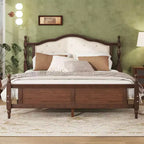MATEERTY Queen Pine Wooden Bed with Panel Footboard with Two Bed Rail Support Feet and Central Platform Support Feet Brown